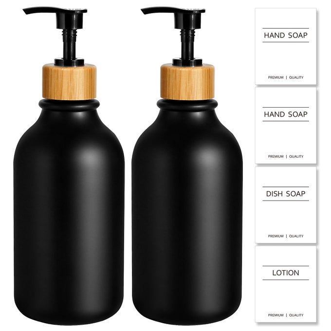 HAND SOAP DISPENSER BATHROOM BLACK DISH SOAP DISPENSER FOR KITCHEN 17 FL OZ PLASTIC HAND AND DISH SOAP DISPENSERS SET WITH BAMBOO PUMP 2 PACK REFILLABLE LIQUID LOTION CONTAINERS BOTTLE