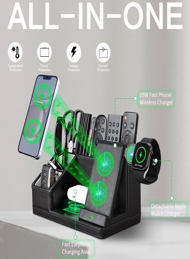 Ladstag Leather Phone Docking Station for Men - Desk Accessories & Workspace Organizer - Nightstand Organizer - Birthday Gifts for Men or Dad - Idea for Anniversary - Key Holder - Stand Watch (Black) - Image 2