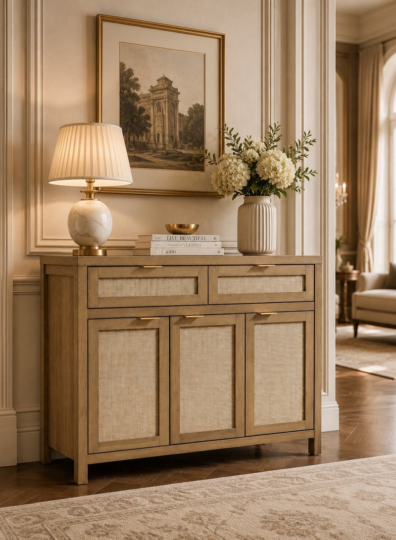 Yanara Wooden Sideboard Buffet Cabinet with Rattan Details, 2 Drawers and 3 Doors Storage Credenza for Dining Room Living Room - Image 1