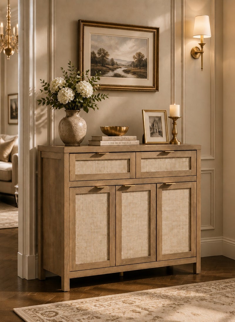 Yanara Wooden Sideboard Buffet Cabinet with Rattan Details, 2 Drawers and 3 Doors Storage Credenza for Dining Room Living Room - Image 2