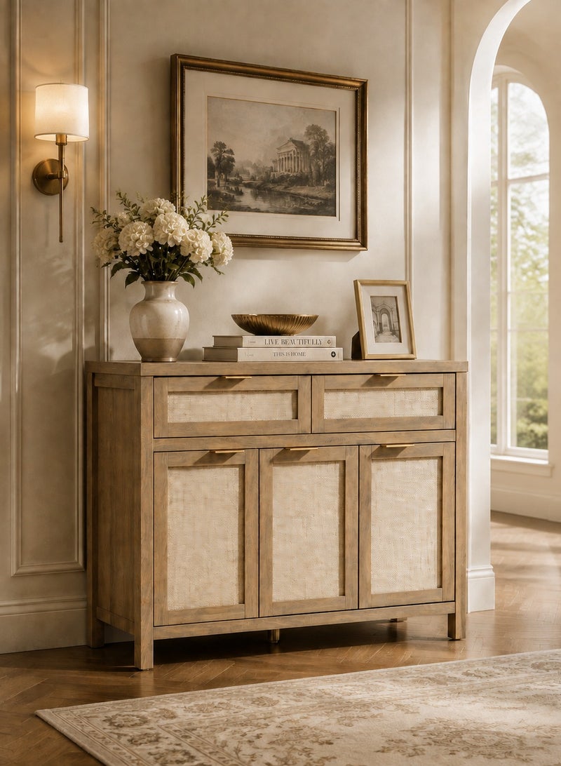 Yanara Wooden Sideboard Buffet Cabinet with Rattan Details, 2 Drawers and 3 Doors Storage Credenza for Dining Room Living Room - Image 3