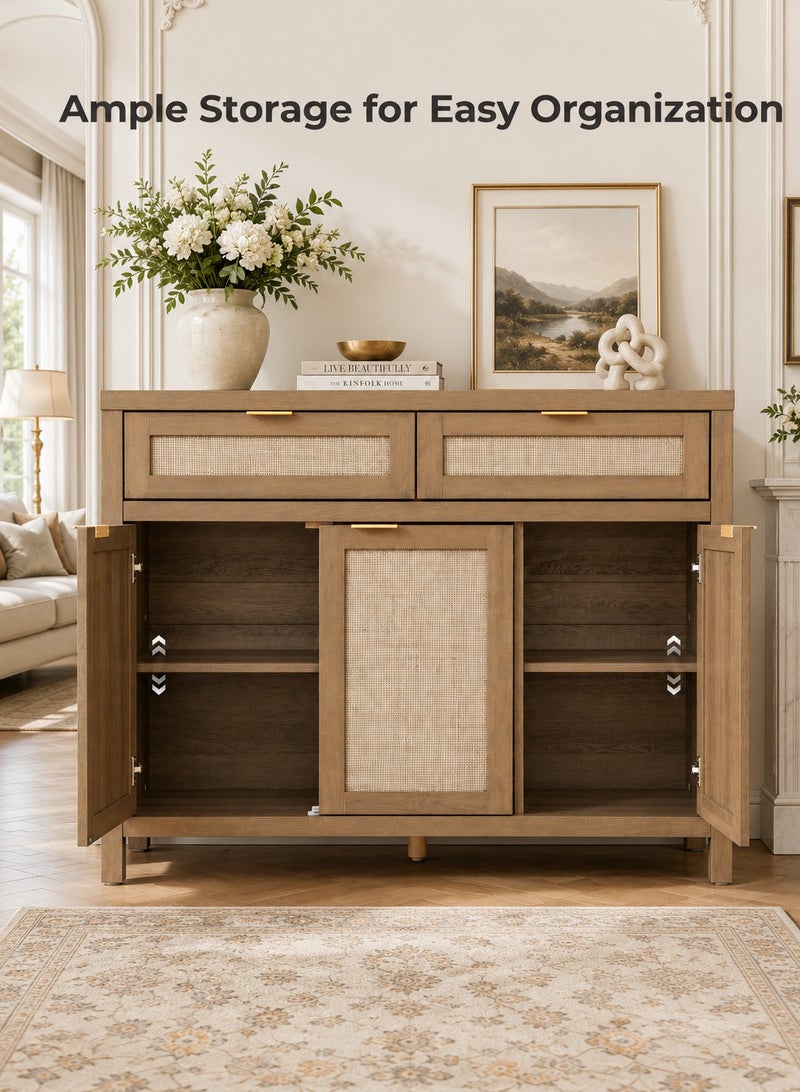 Yanara Wooden Sideboard Buffet Cabinet with Rattan Details, 2 Drawers and 3 Doors Storage Credenza for Dining Room Living Room - Image 5