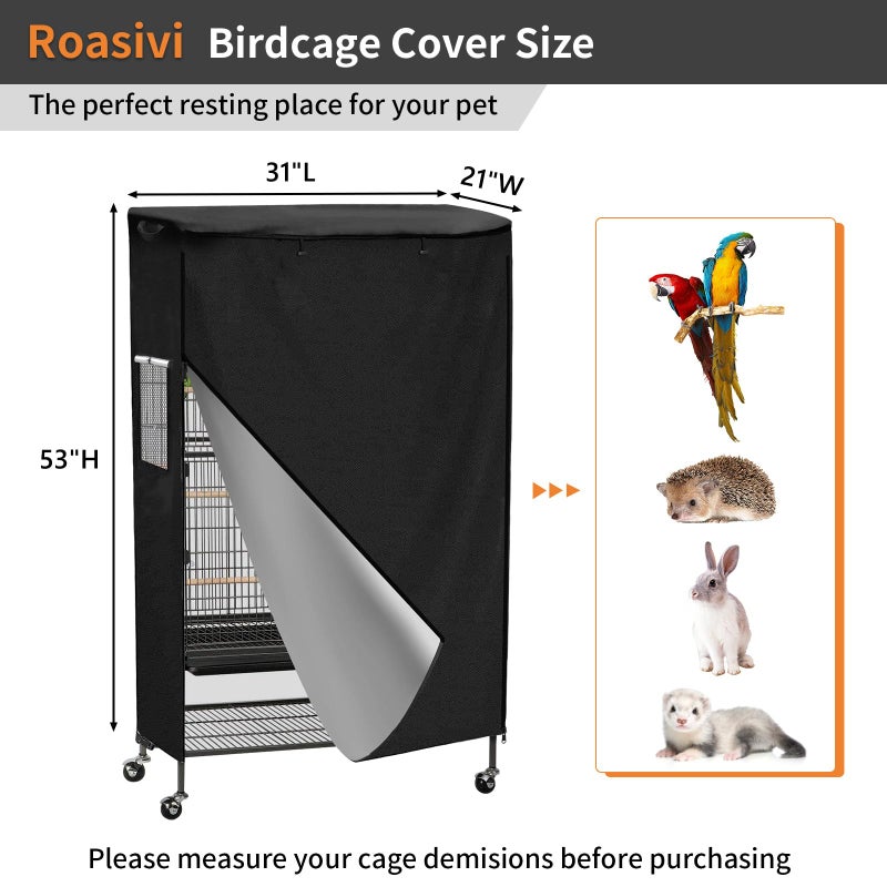 Roasivi Universal Large Birdcage Cover Black Out and Breathable Cages Cover for Parrots and Other Small Animals Durable Waterproofing Washable Material 31" L x 21" W x 53" H Black - Image 2