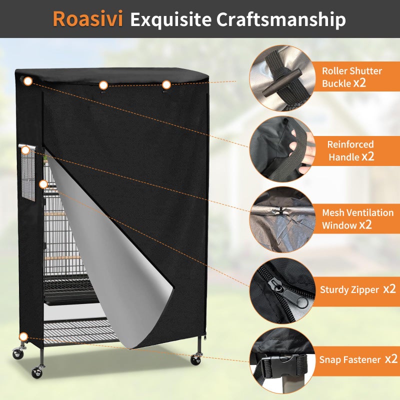 Roasivi Universal Large Birdcage Cover Black Out and Breathable Cages Cover for Parrots and Other Small Animals Durable Waterproofing Washable Material 31" L x 21" W x 53" H Black - Image 5