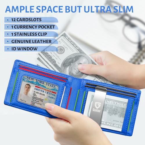 GSOIAX Slim Leather RFID Bifold Wallet for Men Minimalist Front Pocket Wallet with Money Clip,12 Card Slots,ID Window,Cool Groove Design,Includes Gift Box(Carbon blue) - Image 2