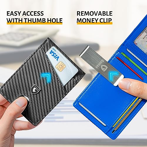 GSOIAX Slim Leather RFID Bifold Wallet for Men Minimalist Front Pocket Wallet with Money Clip,12 Card Slots,ID Window,Cool Groove Design,Includes Gift Box(Carbon blue) - Image 4