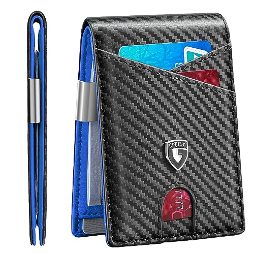 GSOIAX Slim Leather RFID Bifold Wallet for Men Minimalist Front Pocket Wallet with Money Clip,12 Card Slots,ID Window,Cool Groove Design,Includes Gift Box(Carbon blue) - Image 1