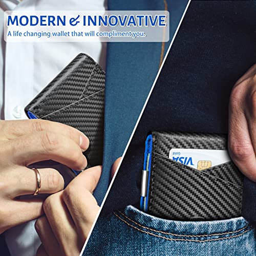 GSOIAX Slim Leather RFID Bifold Wallet for Men Minimalist Front Pocket Wallet with Money Clip,12 Card Slots,ID Window,Cool Groove Design,Includes Gift Box(Carbon blue) - Image 5