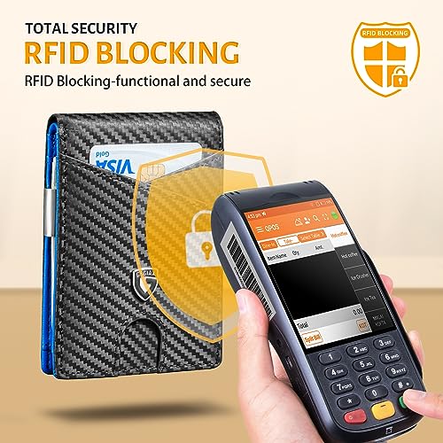 GSOIAX Slim Leather RFID Bifold Wallet for Men Minimalist Front Pocket Wallet with Money Clip,12 Card Slots,ID Window,Cool Groove Design,Includes Gift Box(Carbon blue) - Image 3