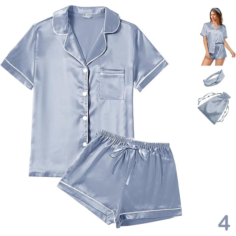 WJing Yi Jia 4Pcs Womens Satin Silky Pajama Sets Short Sleeve Shirt XS-4XL Floral Pajamas Set Soft PJ Loungewear Sleepwear - Image 5