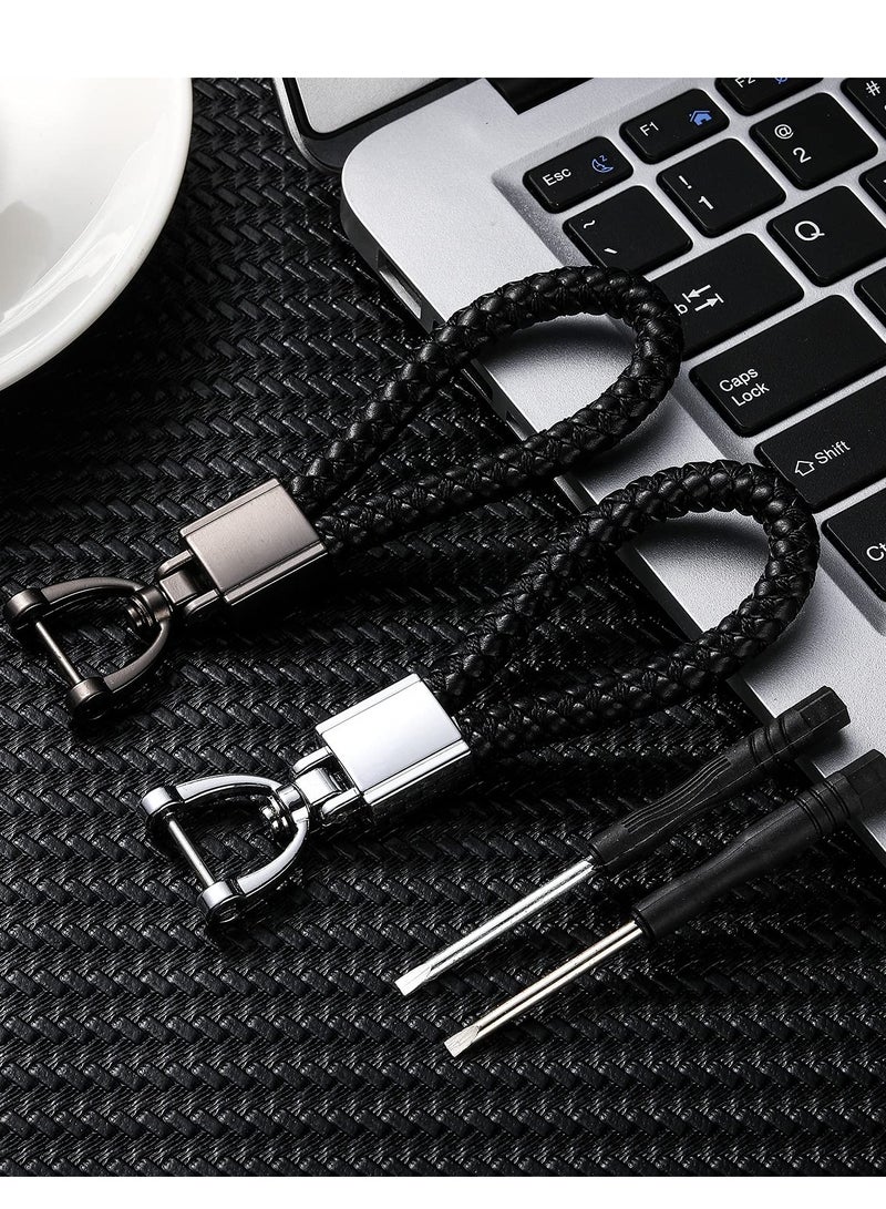Car Key Chain Black Leather Car Fob Keychain Metal Keyring Woven Strap Braided Rope Key Chain Leather Braided Lanyard Key Chain for Men and Women 2 Pieces - Image 4