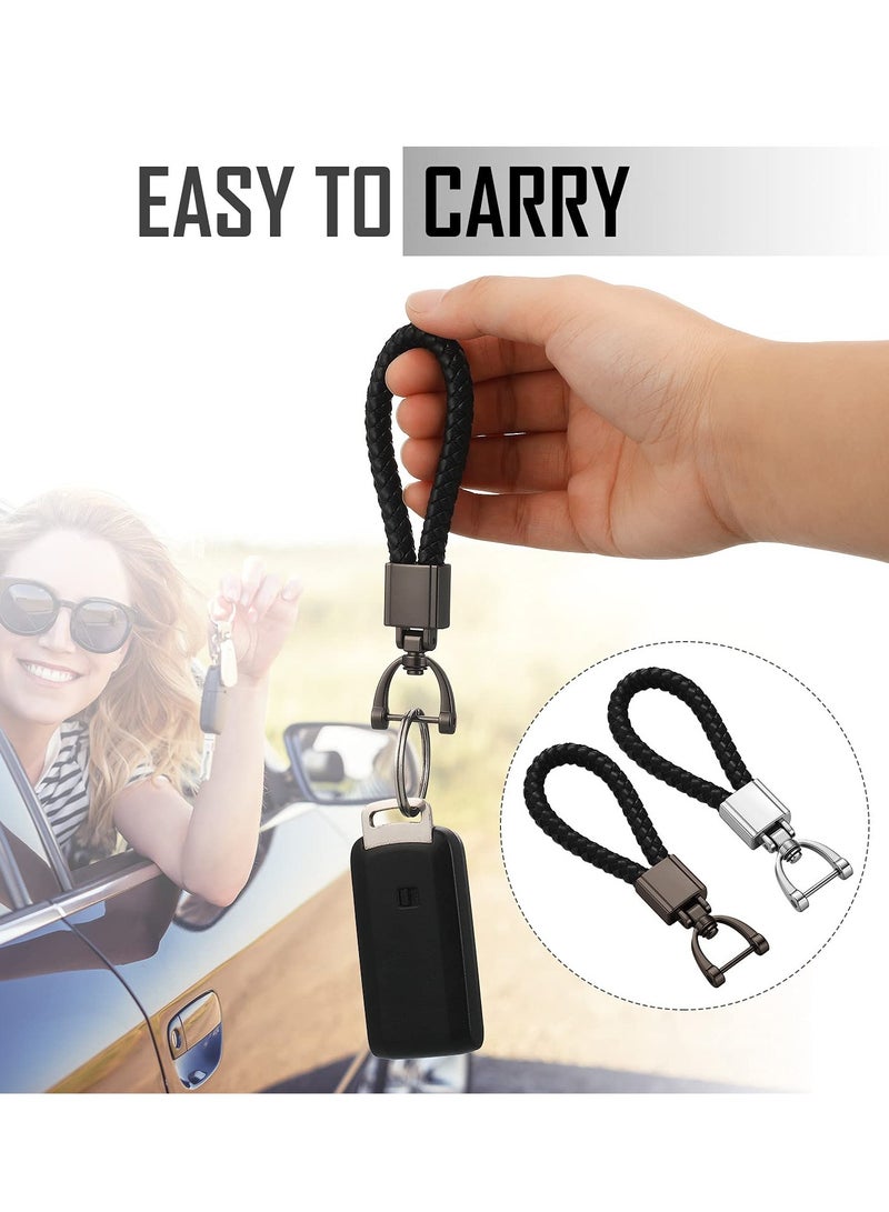 Car Key Chain Black Leather Car Fob Keychain Metal Keyring Woven Strap Braided Rope Key Chain Leather Braided Lanyard Key Chain for Men and Women 2 Pieces - Image 5