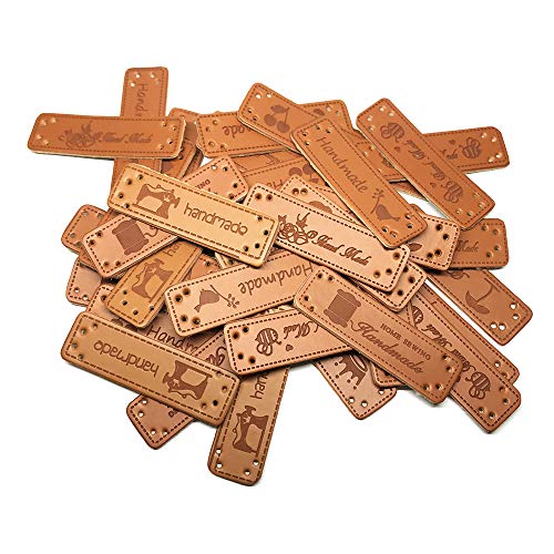 Juland 40PCS PU Leather Label Clothing Hand Made Label Handmade Embossed Tag with Holes Embellishment Knit DIY Accessories for Jeans Bags Shoes Hat – 1.5x5cm - Image 4