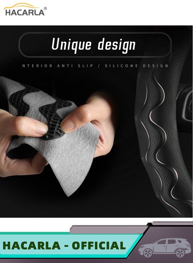 HACARLA Leather Carbon Fiber Car Steering Wheel Cover Universal Anti Slip Car Steering Wheel Protector Breathable 15 Inch 38 cm Red  - Image 3