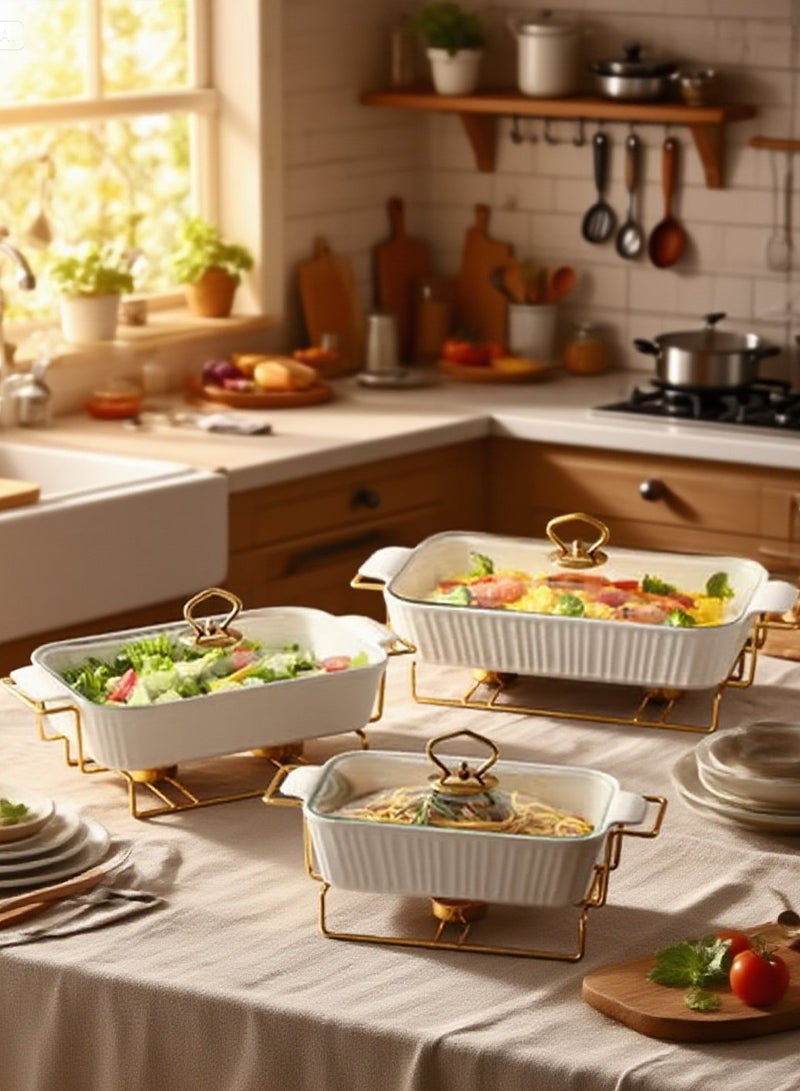 دوف طقم مكون من 3 سخانات طعام مستطيلة من البورسلين الصافي مع حامل شموع ذهبي وغطاء زجاجي سعة 10 + 12 + 14.5 انش أبيض/ذهبي - Image 4