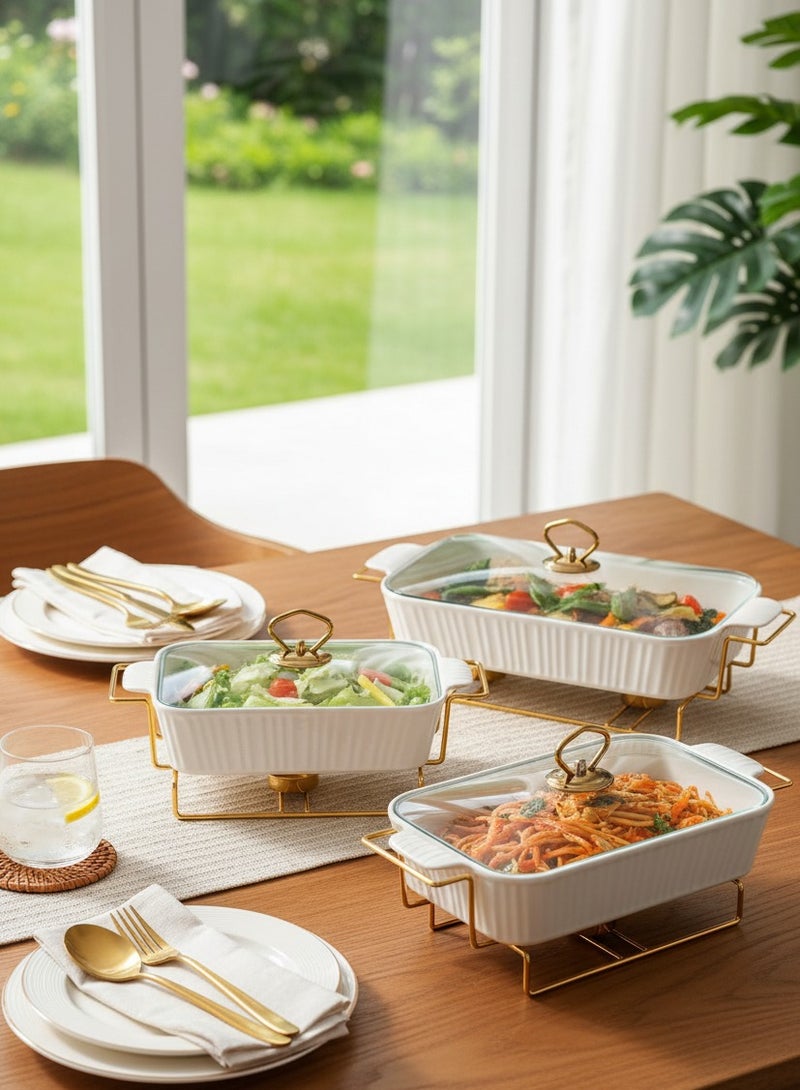 دوف طقم مكون من 3 سخانات طعام مستطيلة من البورسلين الصافي مع حامل شموع ذهبي وغطاء زجاجي سعة 10 + 12 + 14.5 انش أبيض/ذهبي - Image 2