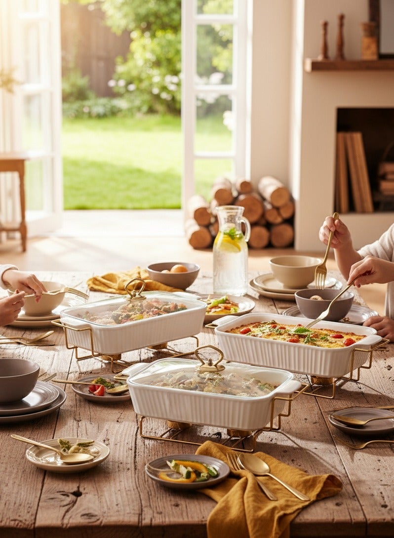 دوف طقم مكون من 3 سخانات طعام مستطيلة من البورسلين الصافي مع حامل شموع ذهبي وغطاء زجاجي سعة 10 + 12 + 14.5 انش أبيض/ذهبي - Image 3