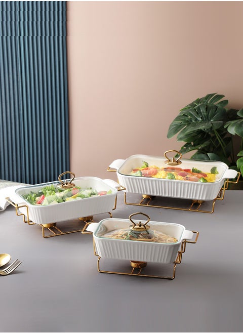 3-Piece Rectangular Porcelain Food Warmer With Candle Stand & Glass Lid Set, Sizes 10 + 12 + 14.5 Inch White