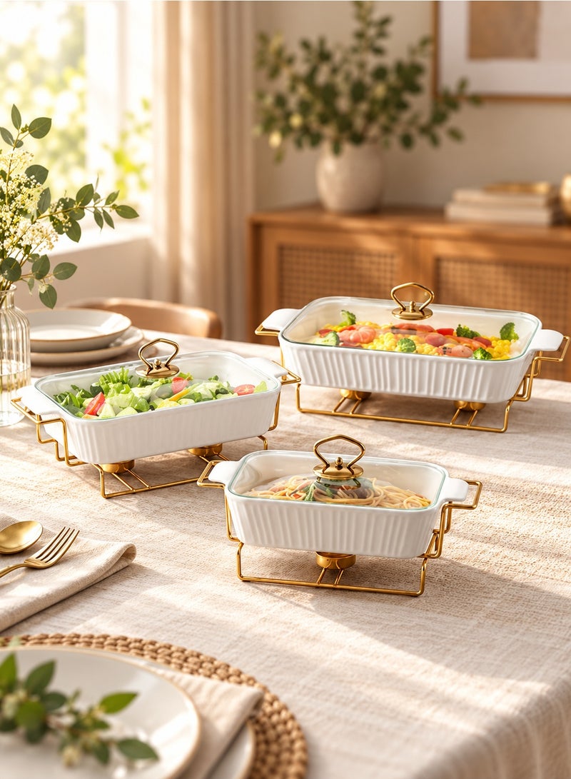 Dove 3-Piece Rectangular Porcelain Food Warmer With Candle Stand & Glass Lid Set, Sizes 10 + 12 + 14.5 Inch White - Image 5