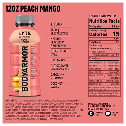 BODYARMOR LYTE Peach Mango Electrolyte Drink 15 Calories 12 Fl Oz Bottles 8 Pack Coconut Water Sports Drink Natural Flavor  B Vitamins - Image 5