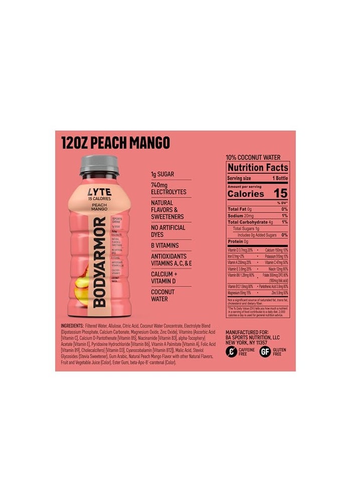 BODYARMOR LYTE Peach Mango Electrolyte Drink 15 Calories 12 Fl Oz Bottles 8 Pack Coconut Water Sports Drink Natural Flavor  B Vitamins - Image 5