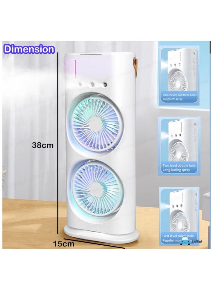 دريمزون مروحة رش مزدوجة مع مروحة سطح مكتب مزدوجة الشفرة قابلة لإعادة الشحن عبر USB، ومروحة تبريد مكيف هواء شخصية لجانب السرير والمكتب والدراسة وسطح المكتب للمطبخ