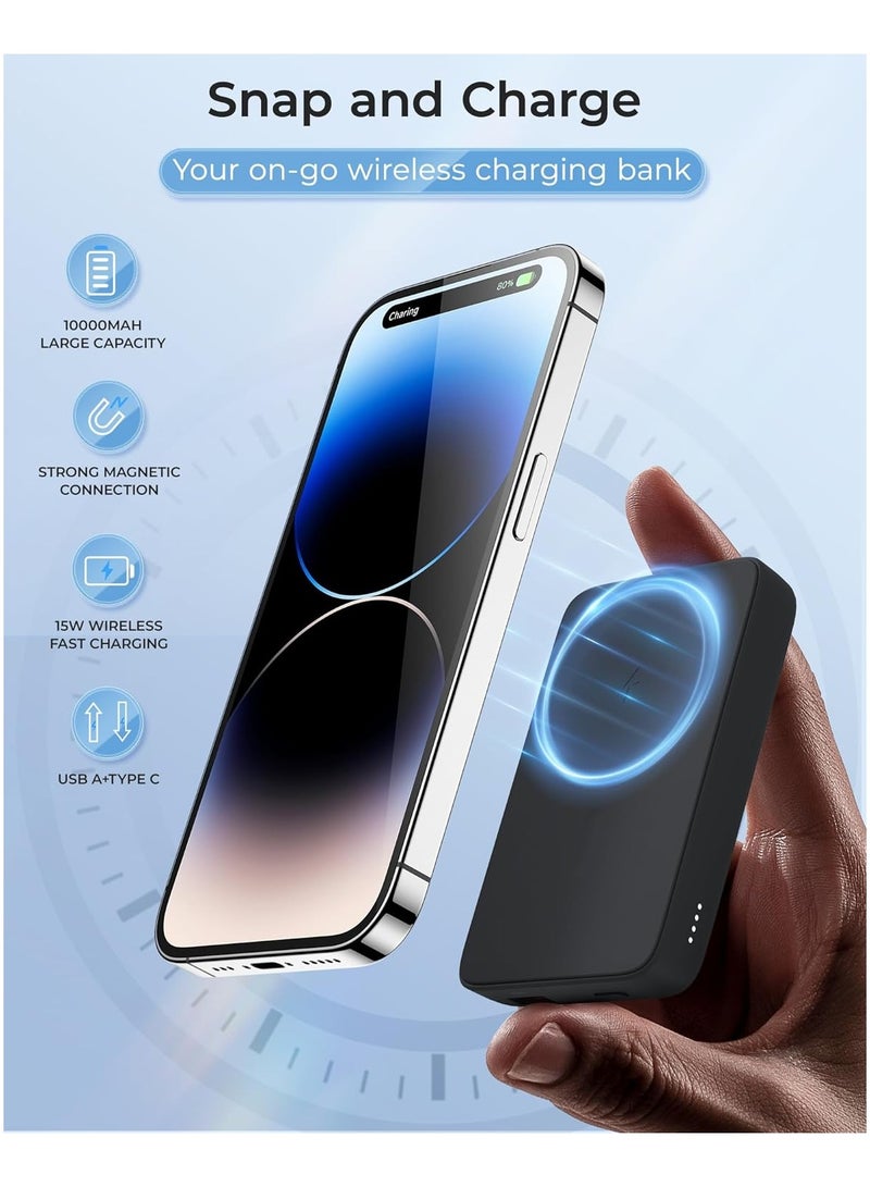 BENKS Magnetic Power Bank, 10,000mAh Wireless Portable Charger, for MagSafe Battery Pack with Two-Way 15W USB-C Ports for iPhone 15/14/13/12 Series, Black - Image 2