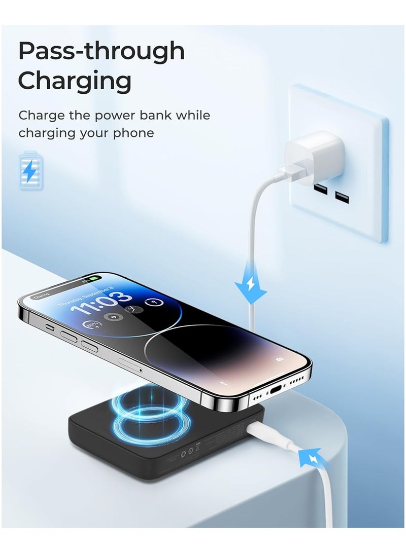 BENKS Magnetic Power Bank, 10,000mAh Wireless Portable Charger, for MagSafe Battery Pack with Two-Way 15W USB-C Ports for iPhone 15/14/13/12 Series, Black - Image 3