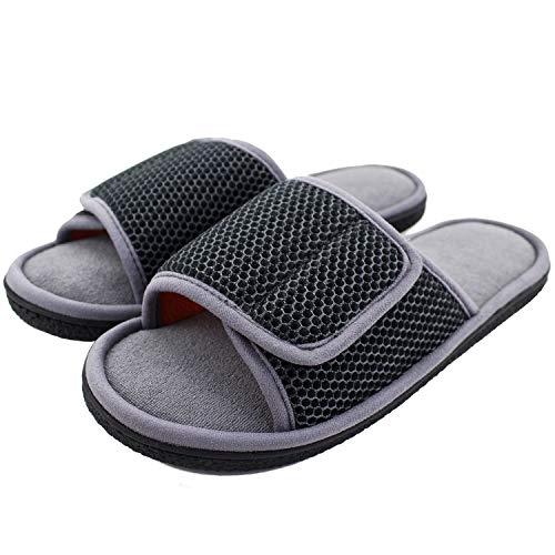 WALKFUN Adjustable House Slippers for Men Open Toe Breathable Indoor Slip on Mens Slides Sandals with Memory Foam for Bedroom,Patio(13-14,Grey) - Image 1