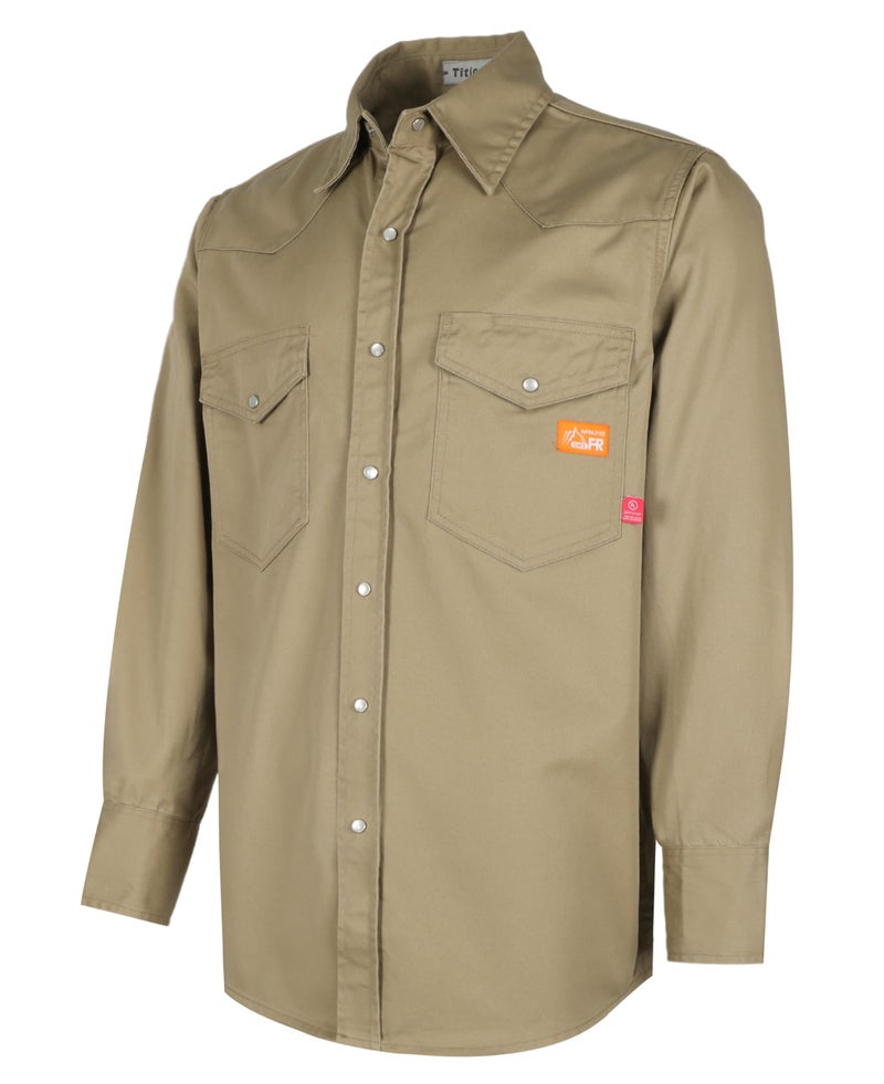 Titicaca FR Shirt for Men Pearl Snaps Flame Resistant 100% C 7.5oz Khaki Welding Shirt