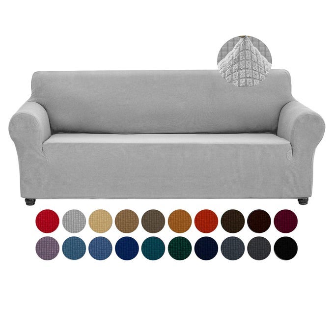 STRETCH COUCH COVER SLIPCOVERS 1PIECE SOFA COVERS FOR 3 CUSHION COUCH SPANDEX JACQUARD WASHABLE FURNITURE PROTECTOR COVER FOR LIVING ROOMKIDSPETSSOFASILVER