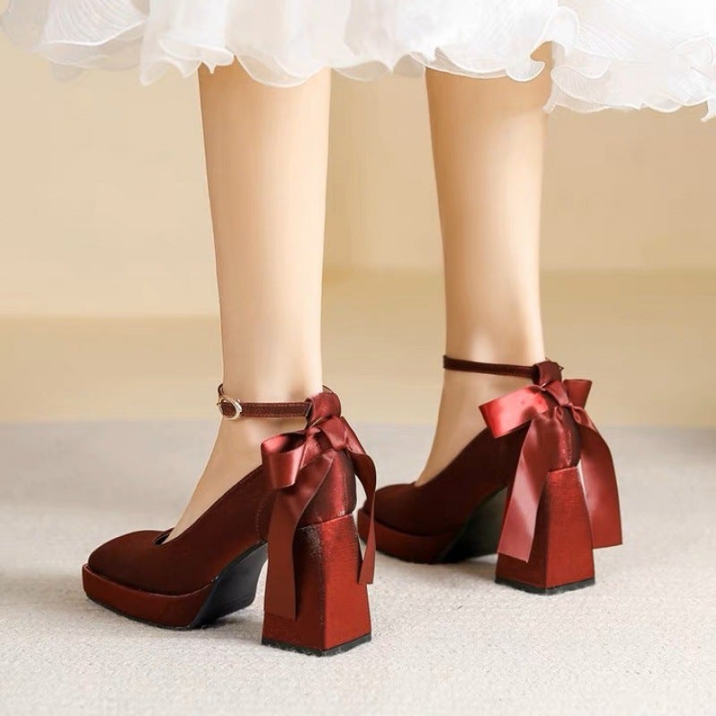 French Pearl Single-Layer Shoes Women'S Thick Heel 2025 Spring New Arrival High Heels Red Dress Jacket Wedding Shoes Bridal Shoes - Image 3