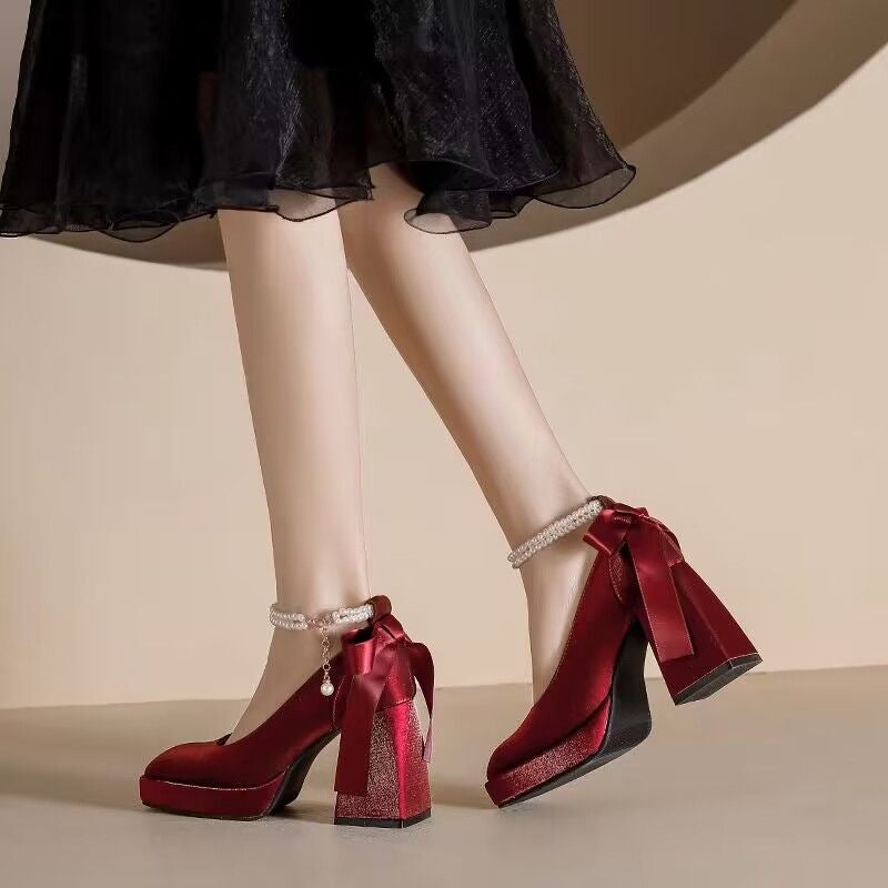 French Pearl Single-Layer Shoes Women'S Thick Heel 2025 Spring New Arrival High Heels Red Dress Jacket Wedding Shoes Bridal Shoes - Image 4