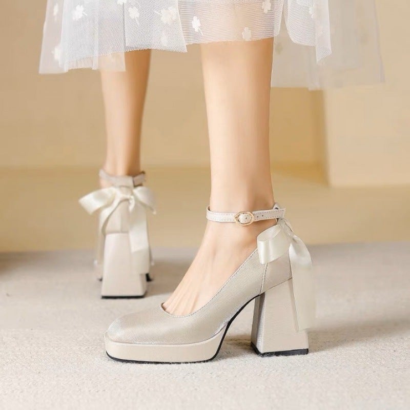 French Pearl Single-Layer Shoes Women'S Thick Heel 2025 Spring New Arrival High Heels Red Dress Jacket Wedding Shoes Bridal Shoes - Image 1