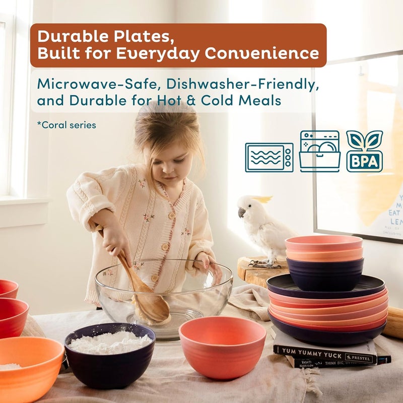 Nook Theory Reusable Wheat Straw Plates 8 Pcs  Non Toxic Kids and Toddler Plate Microwavable Dishwasher Safe and Unbreakable Dinnerware Coral 9 - Image 3