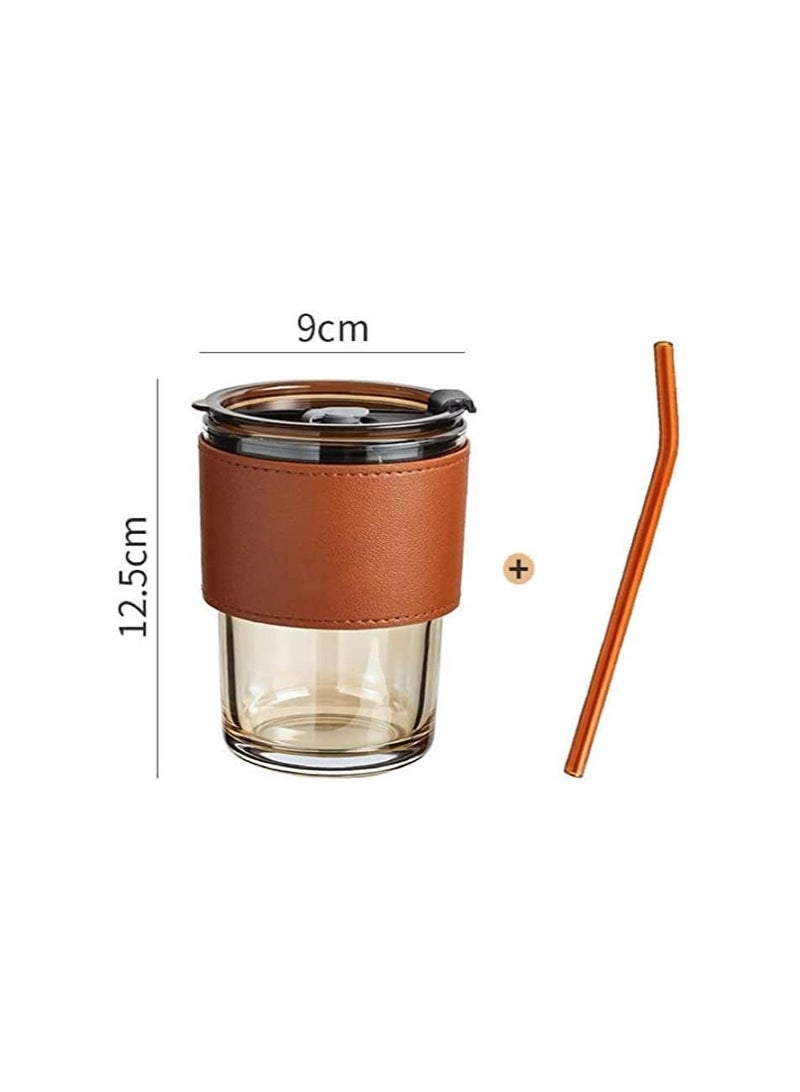 Spaceshoop Glass Tumbler Mug with Lid Silicon Straw and Protective Anti Skid Leather Sleeve for Hot and Cold Beverages Tea Coffee Smoothies Fruit Juice Travel Mug - Image 2