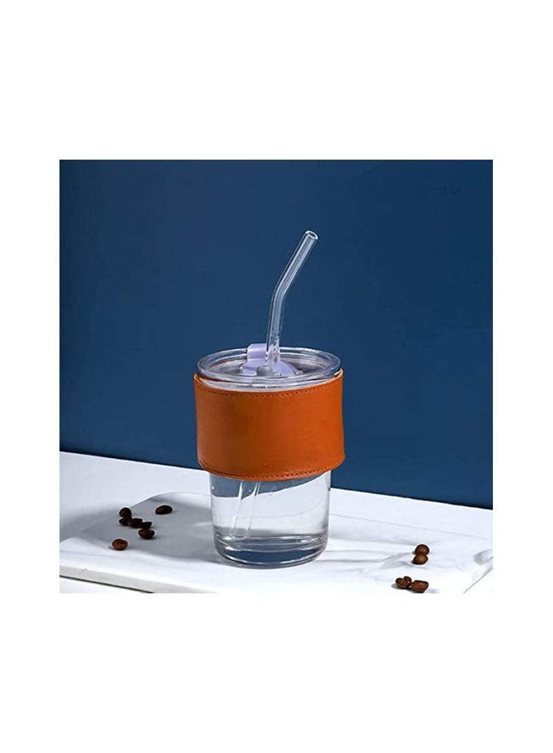 Spaceshoop Glass Tumbler Mug with Lid Silicon Straw and Protective Anti Skid Leather Sleeve for Hot and Cold Beverages Tea Coffee Smoothies Fruit Juice Travel Mug - Image 1