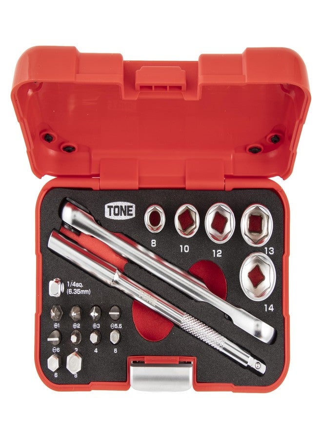 TONE Socket Wrench Bit Set MIX21620P 1/4" Inch Drive & 1/4" Hex Shank Bit Red 18-Piece - Image 1