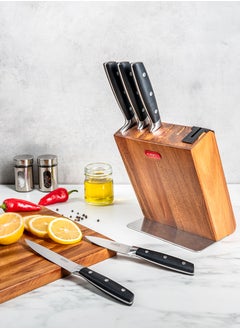 ALBERTO 5 KNIVES ACACIA WOOD KNIFE BLOCK W/5 STEEL KNIVES SET & SHARPNER  - Image 1