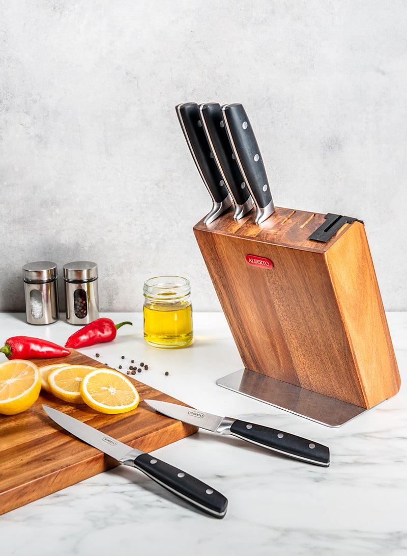 5 KNIVES ACACIA WOOD KNIFE BLOCK W/5 STEEL KNIVES SET & SHARPNER