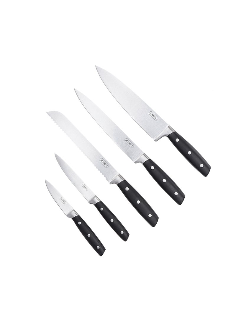 5 KNIVES ACACIA WOOD KNIFE BLOCK W/5 STEEL KNIVES SET & SHARPNER
