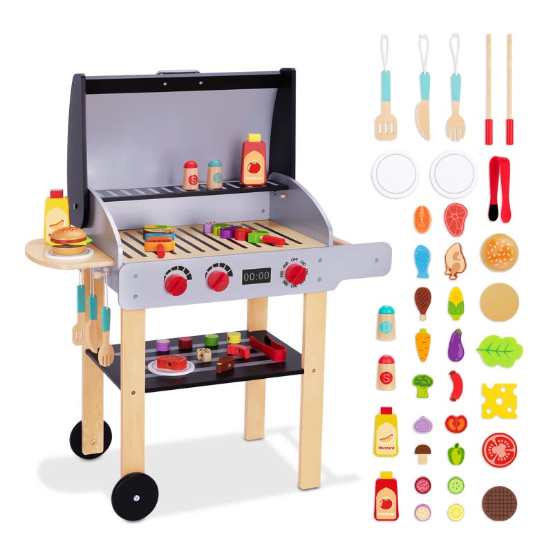 OOOK Wooden Play Barbecue Toy Grill, Kids Grill Playset with Toy Food and Grilling Tools, Play Kitchen Accessories for Toddlers Boys Girls Age 3+ - Image 1