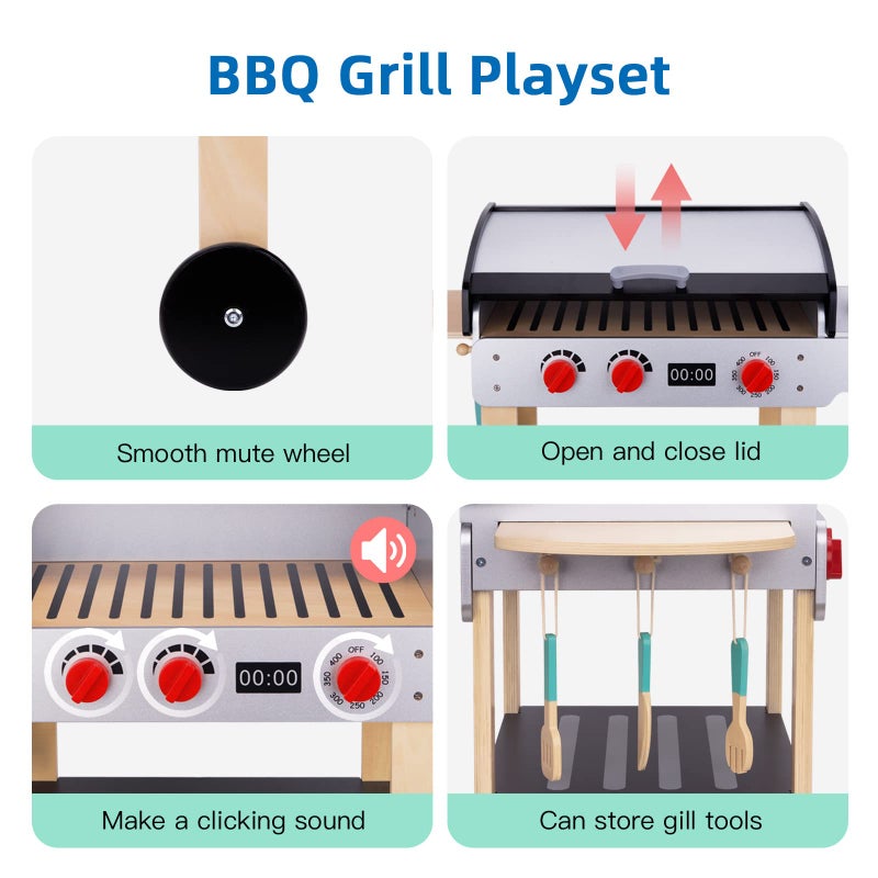 OOOK Wooden Play Barbecue Toy Grill, Kids Grill Playset with Toy Food and Grilling Tools, Play Kitchen Accessories for Toddlers Boys Girls Age 3+ - Image 4