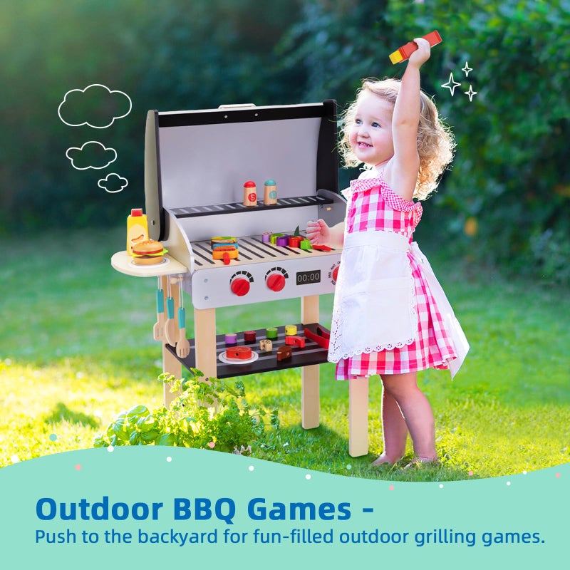 OOOK Wooden Play Barbecue Toy Grill, Kids Grill Playset with Toy Food and Grilling Tools, Play Kitchen Accessories for Toddlers Boys Girls Age 3+ - Image 2