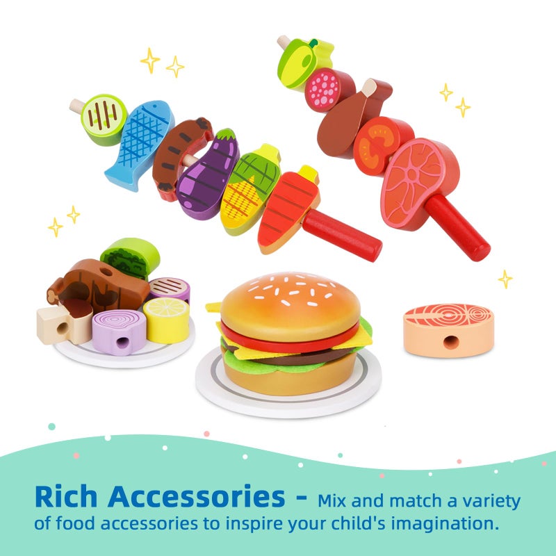 OOOK Wooden Play Barbecue Toy Grill, Kids Grill Playset with Toy Food and Grilling Tools, Play Kitchen Accessories for Toddlers Boys Girls Age 3+ - Image 3