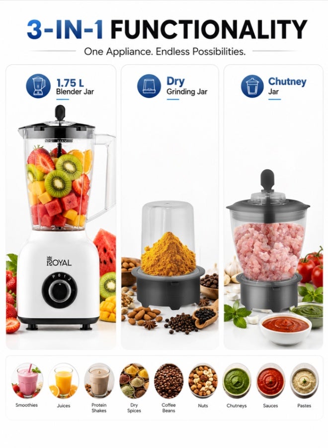Royal 3-in-1 Electric Blender, Chopper & Grinder 400W | 1.75L, Stainless Steel Blades, 2-Speed + Pulse, Child Safety Lock | RA-BG156 Black 1.75 L 400 W RA-BG156 Black/White - Image 2