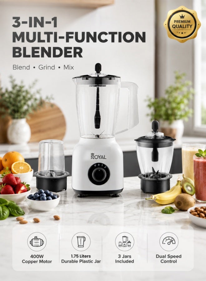 Royal 3-in-1 Electric Blender, Chopper & Grinder 400W | 1.75L, Stainless Steel Blades, 2-Speed + Pulse, Child Safety Lock | RA-BG156 Black 1.75 L 400 W RA-BG156 Black/White - Image 1