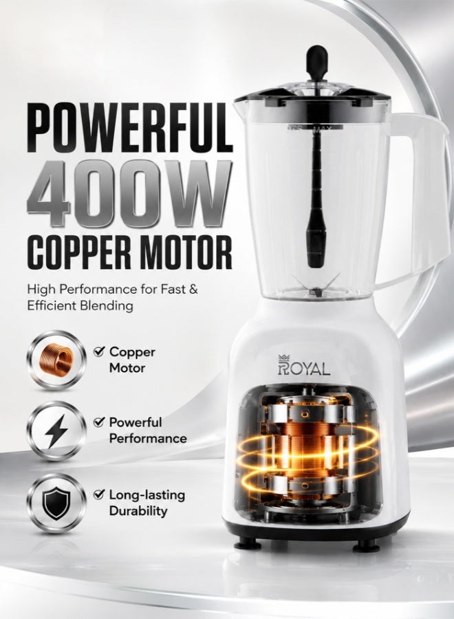 Royal 3-in-1 Electric Blender, Chopper & Grinder 400W | 1.75L, Stainless Steel Blades, 2-Speed + Pulse, Child Safety Lock | RA-BG156 Black 1.75 L 400 W RA-BG156 Black/White - Image 3