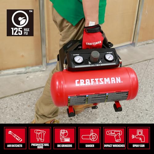 Craftsman Air Compressor 1.5 Gallon Portable, 3/4 HP, 1.5 CFM@90PSI, Max 125 PSI, Oil Free, Lightweight Air Compressor for DIY Workshop, Small Project - Image 4