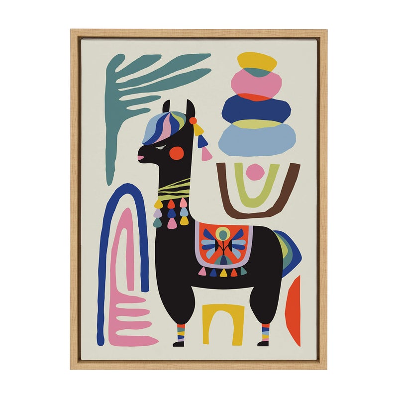 Kate and Laurel Kate and Laurel Sylvie Llama Mesatawe Framed Canvas by Rachel Lee 18x24 Natural Whimsical Abstract Wall Decor 